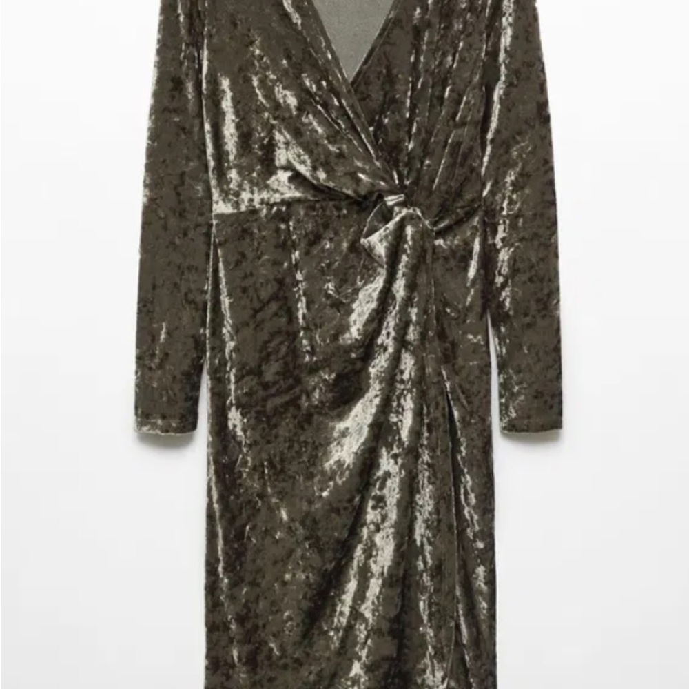 Mango Velvet Wrap Dress in Olive Green - Picture 2 of 6